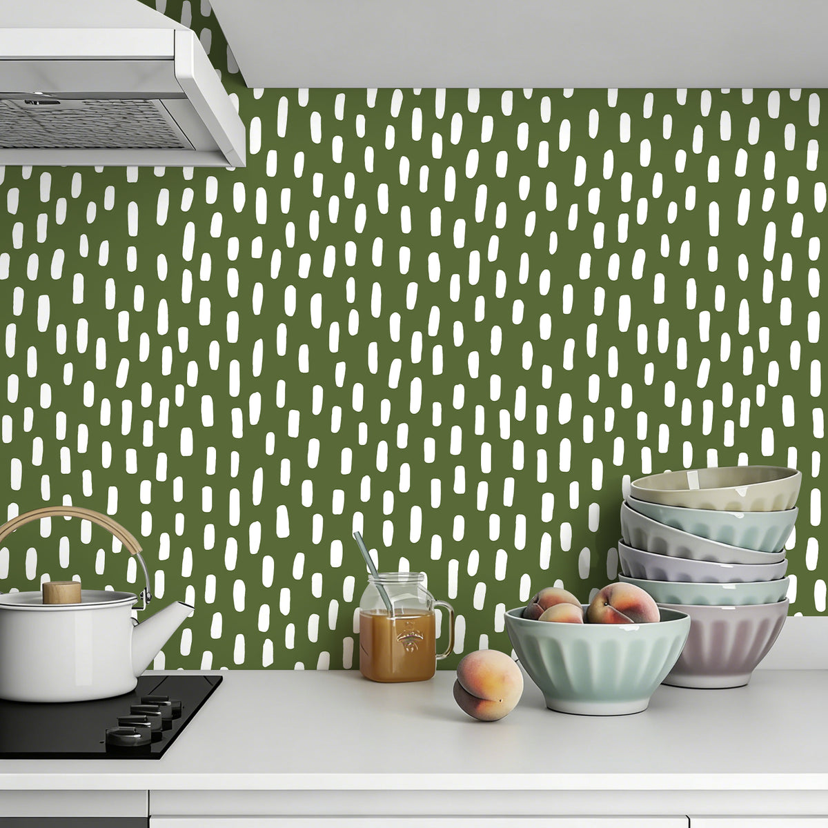 HaokHome green dashed peel and stick wallpaper, white irregular dash pattern on deep green background, kitchen wall decor for home renovation