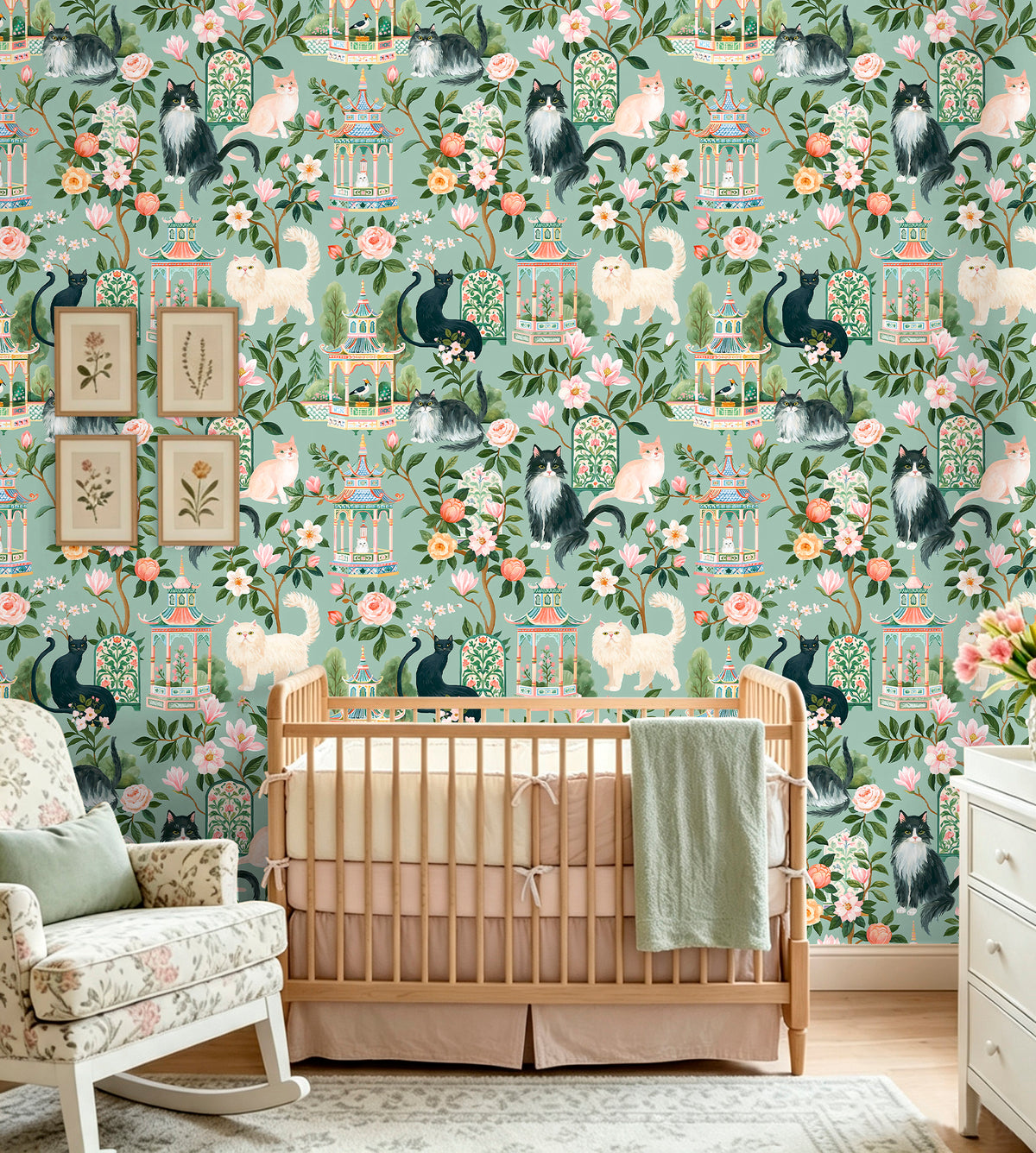 HaokHome green whimsical cat floral removable wallpaper for nursery room, forest animal wall covering