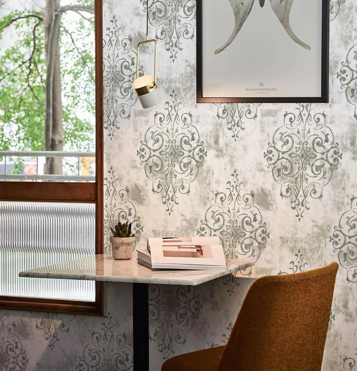 HaokHome grey damask peel and stick wallpaper, vintage scroll pattern for home office desk area
