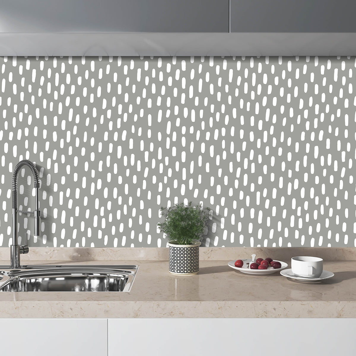 HaokHome grey dashed peel and stick wallpaper, white irregular dash pattern on muted grey background, kitchen backsplash wall decor for small home renovation
