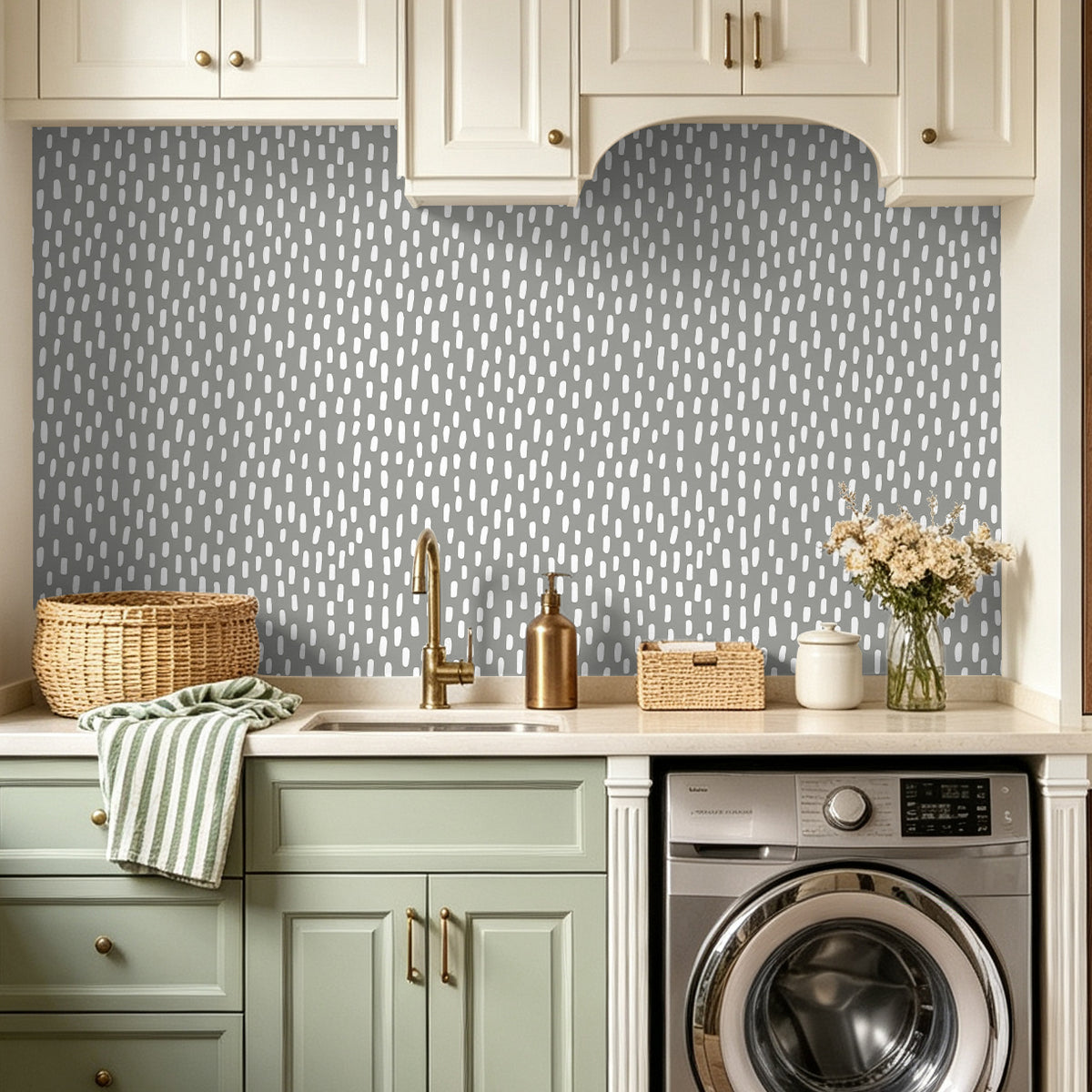 HaokHome grey dashed removable wallpaper, combined laundry and kitchen zone, self-adhesive covering for cabinet and wall refresh