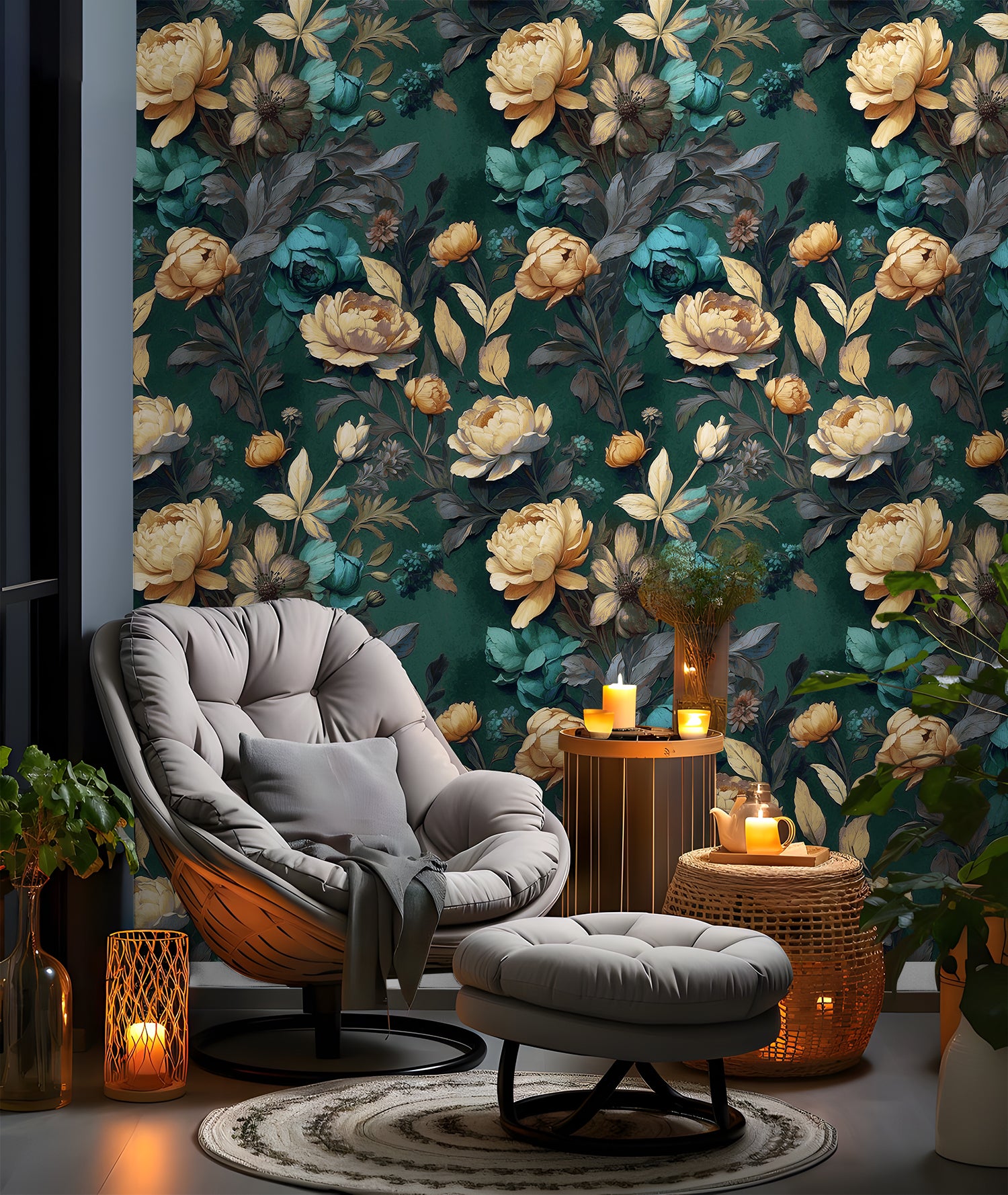 HaokHome intage Floral Wallpaper Golden Peonies Teal Roses on Deep Green for Classic Elegant Interiors