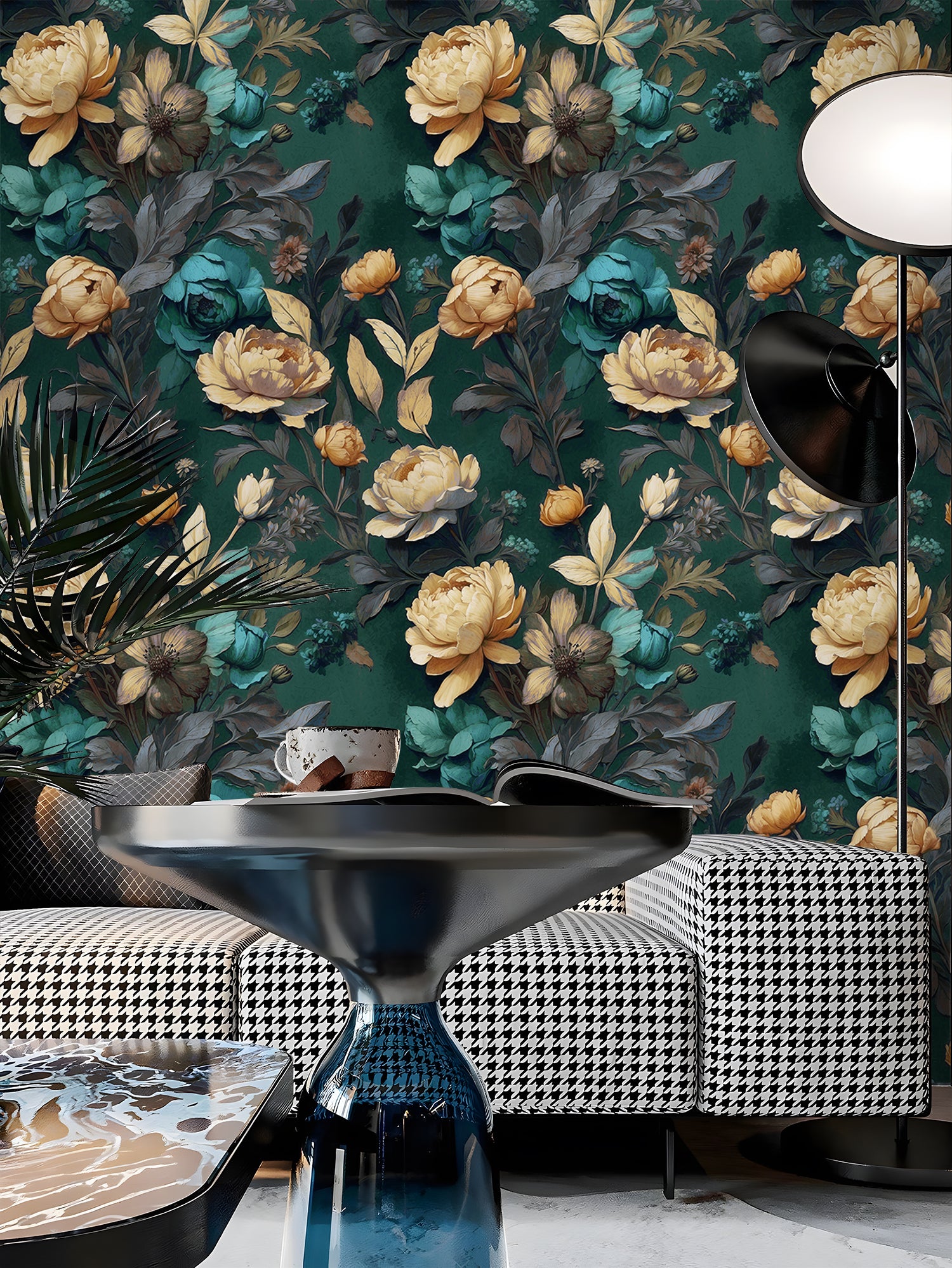 HaokHome intage Floral Wallpaper Golden Peonies Teal Roses on Deep Green for Classic Elegant Interiors