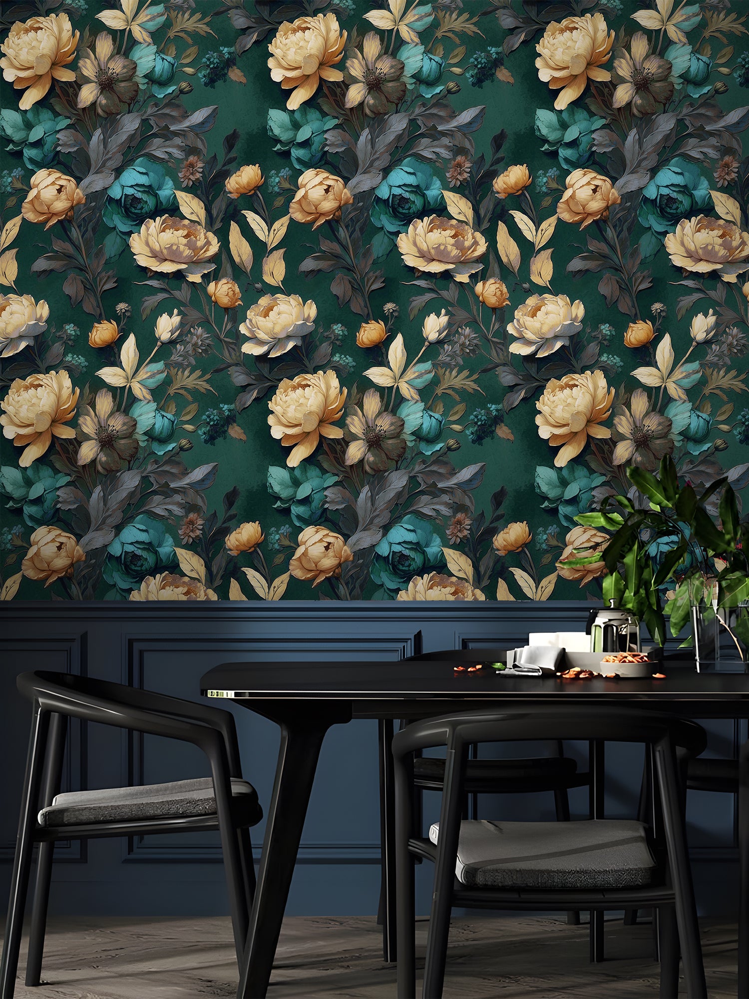 HaokHome intage Floral Wallpaper Golden Peonies Teal Roses on Deep Green for Classic Elegant Interiors