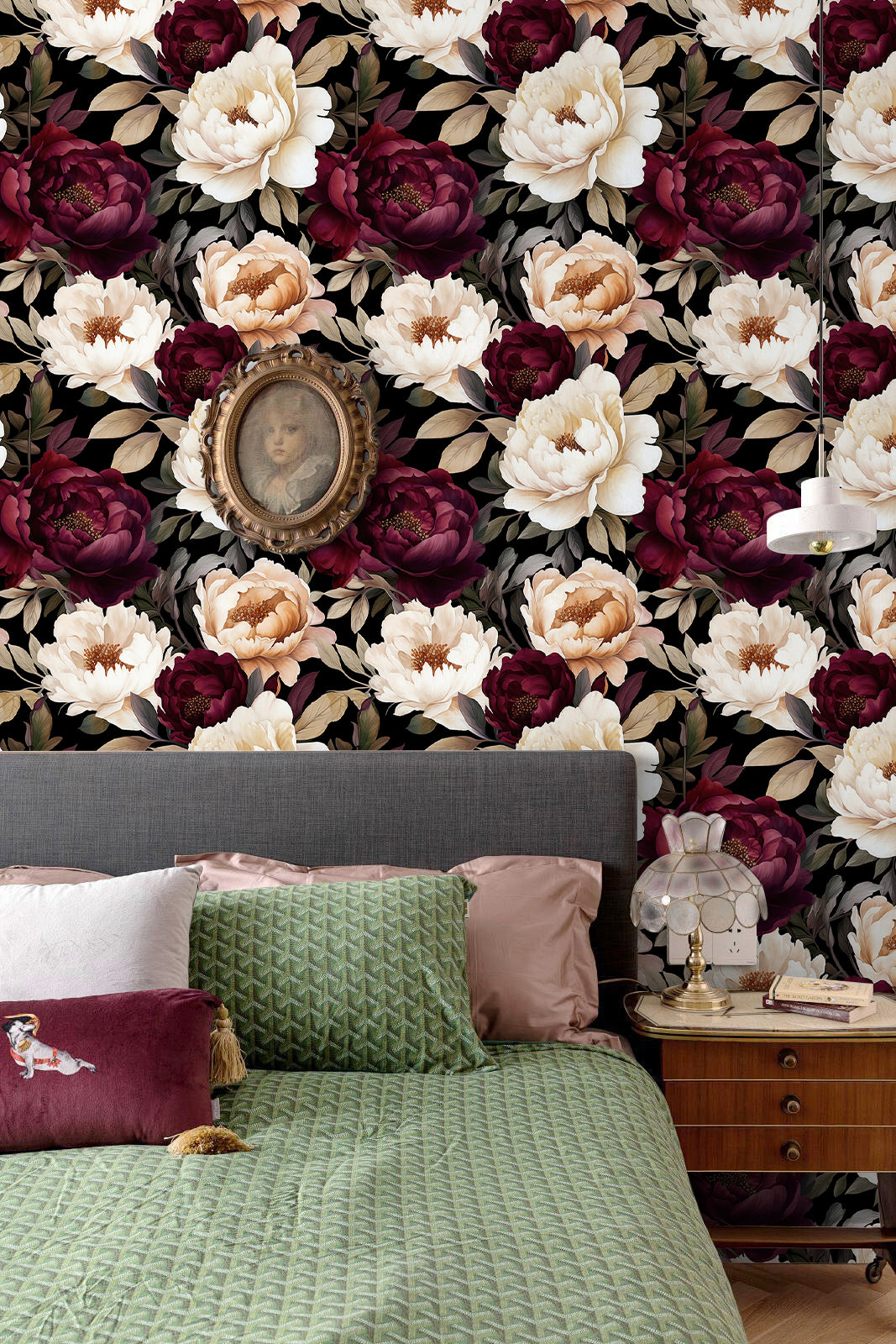 HaokHome large peony floral wallpaper, dark romantic bedroom accent wall decor