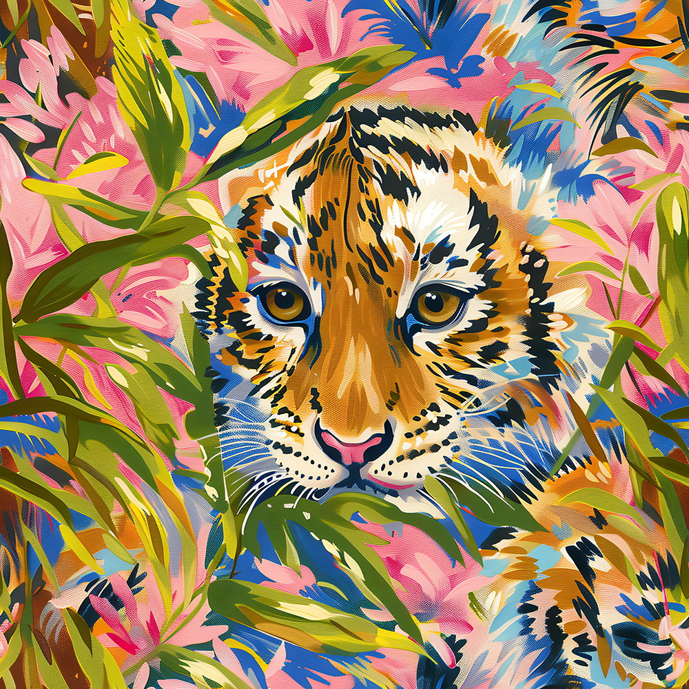 HaokHome layful Tiger and Tropical Bloom Wallpaper Colorful, Bold Design with Pink Flowers and Lush Greenery