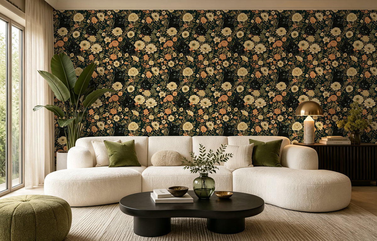 HaokHome moody botanical cat wallpaper, cozy cottage living room sofa backdrop
