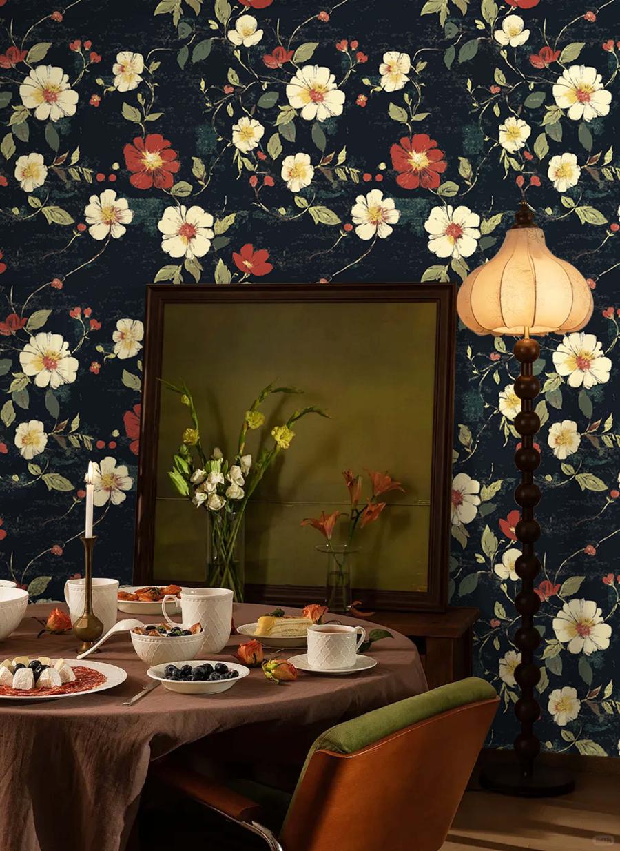 HaokHome moody dark floral removable wallpaper, antique flower wall decor for dining room feature wall