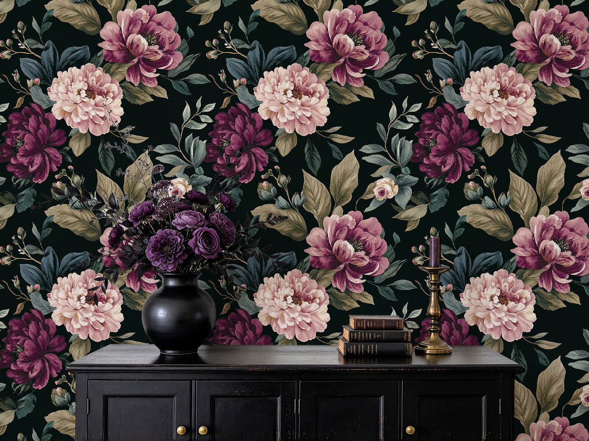 HaokHome moody dark floral removable wallpaper, large peony wall covering for sideboard backdrop