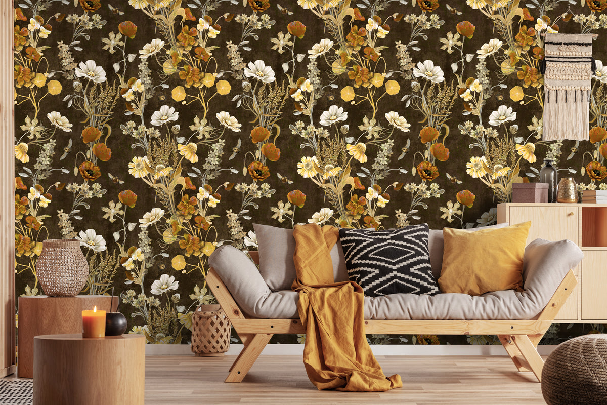 HaokHome moody dark wildflower peel and stick wallpaper for living room accent wall