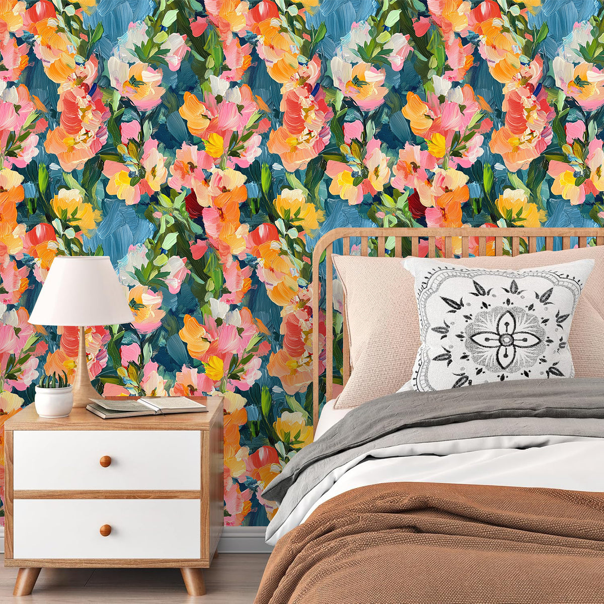 HaokHome multicolor flower peel and stick wallpaper, artistic floral mural for master bedroom