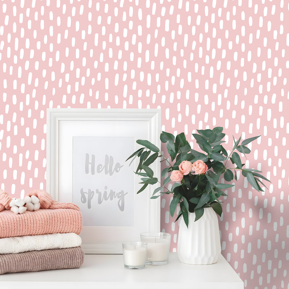 HaokHome pink dashed peel and stick wallpaper, soft white irregular dash pattern on blush pink background, wall sample decor for home makeover