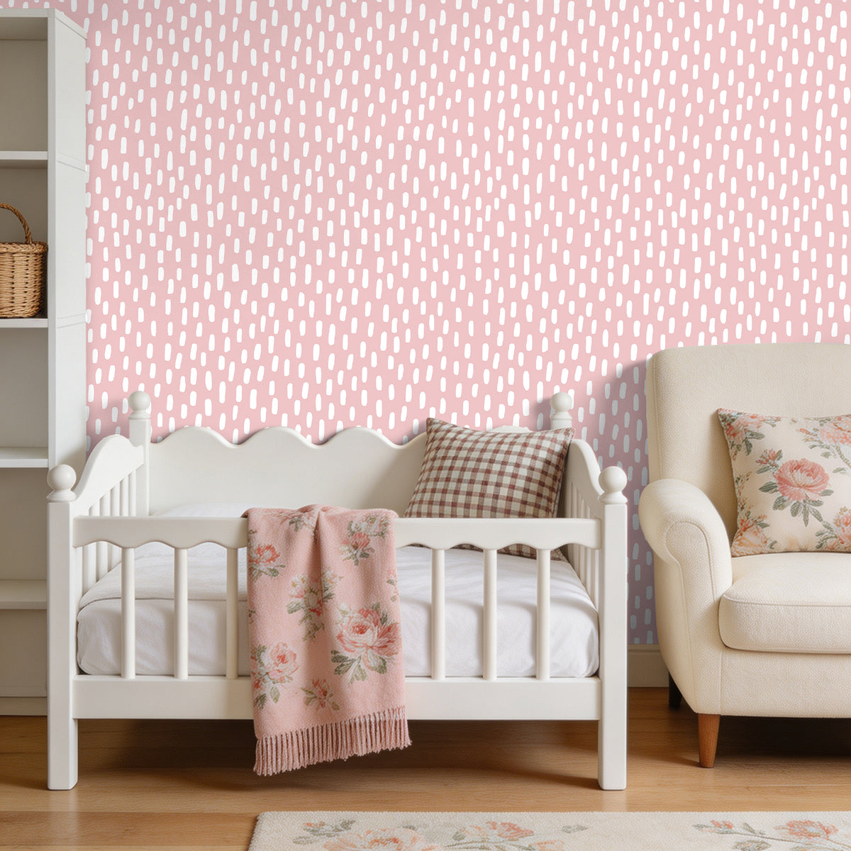 HaokHome pink dashed removable wallpaper, gender neutral nursery accent wall, sweet pastel baby room decor