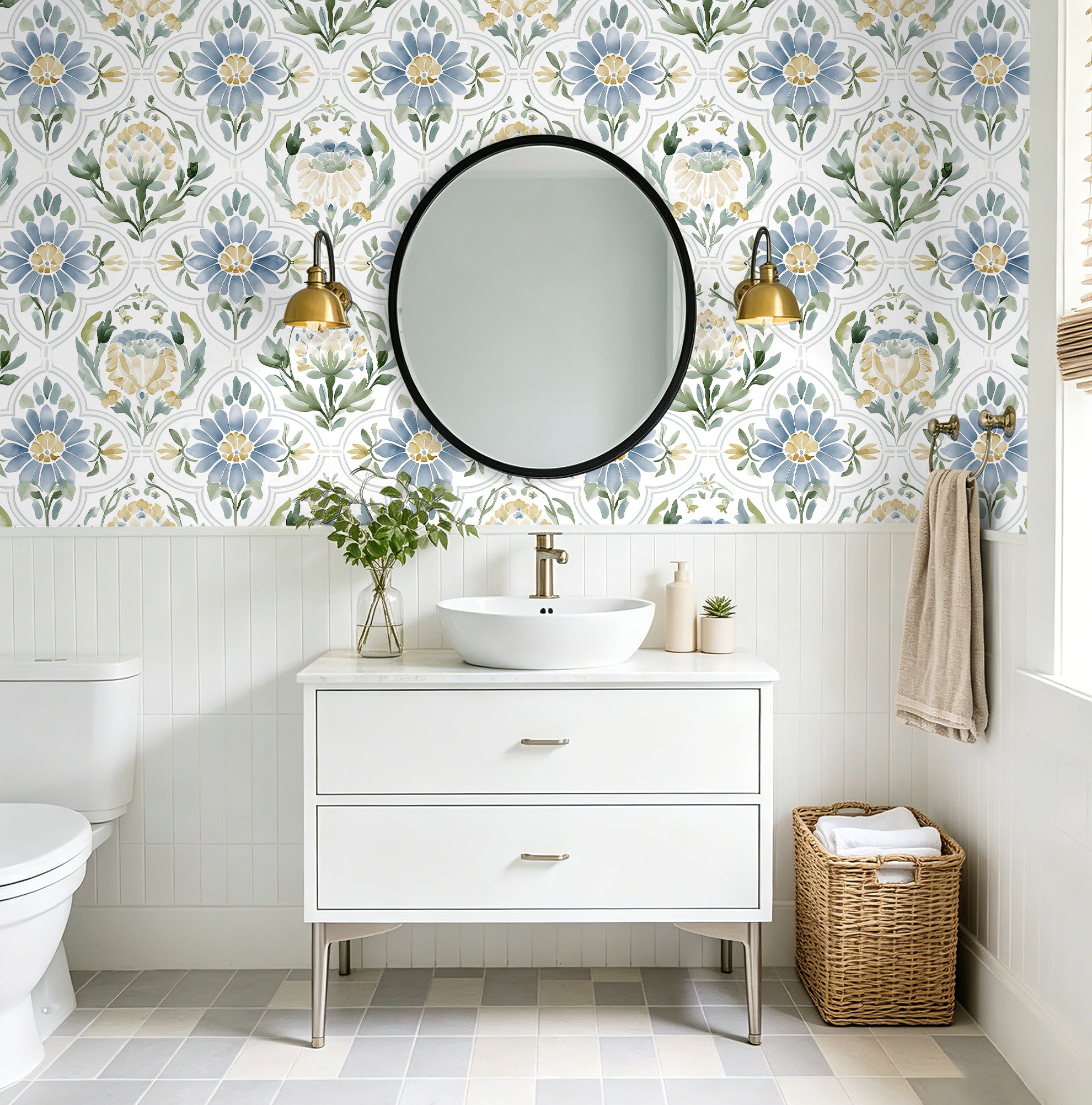 HaokHome removable blue floral wallpaper in bathroom, rental‑friendly bathroom wall makeover