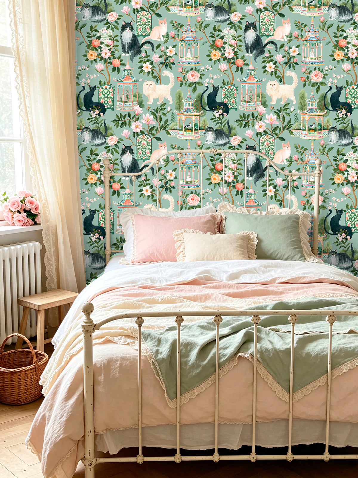 HaokHome sage green botanical cat peel and stick wallpaper in cozy bedroom, vintage floral animal wall decor