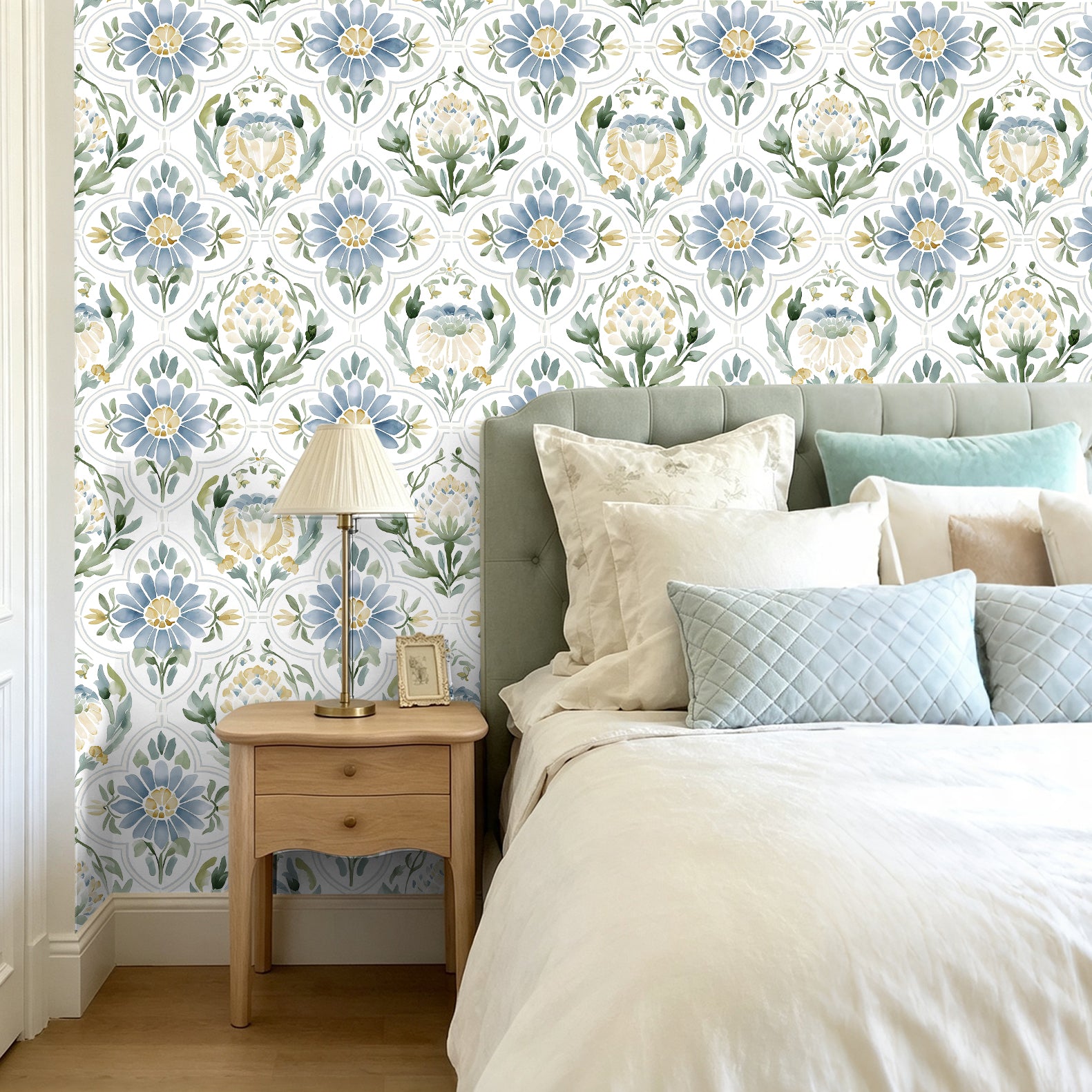 HaokHome soft blue floral removable wallpaper behind bed, elegant bedroom accent wall decor