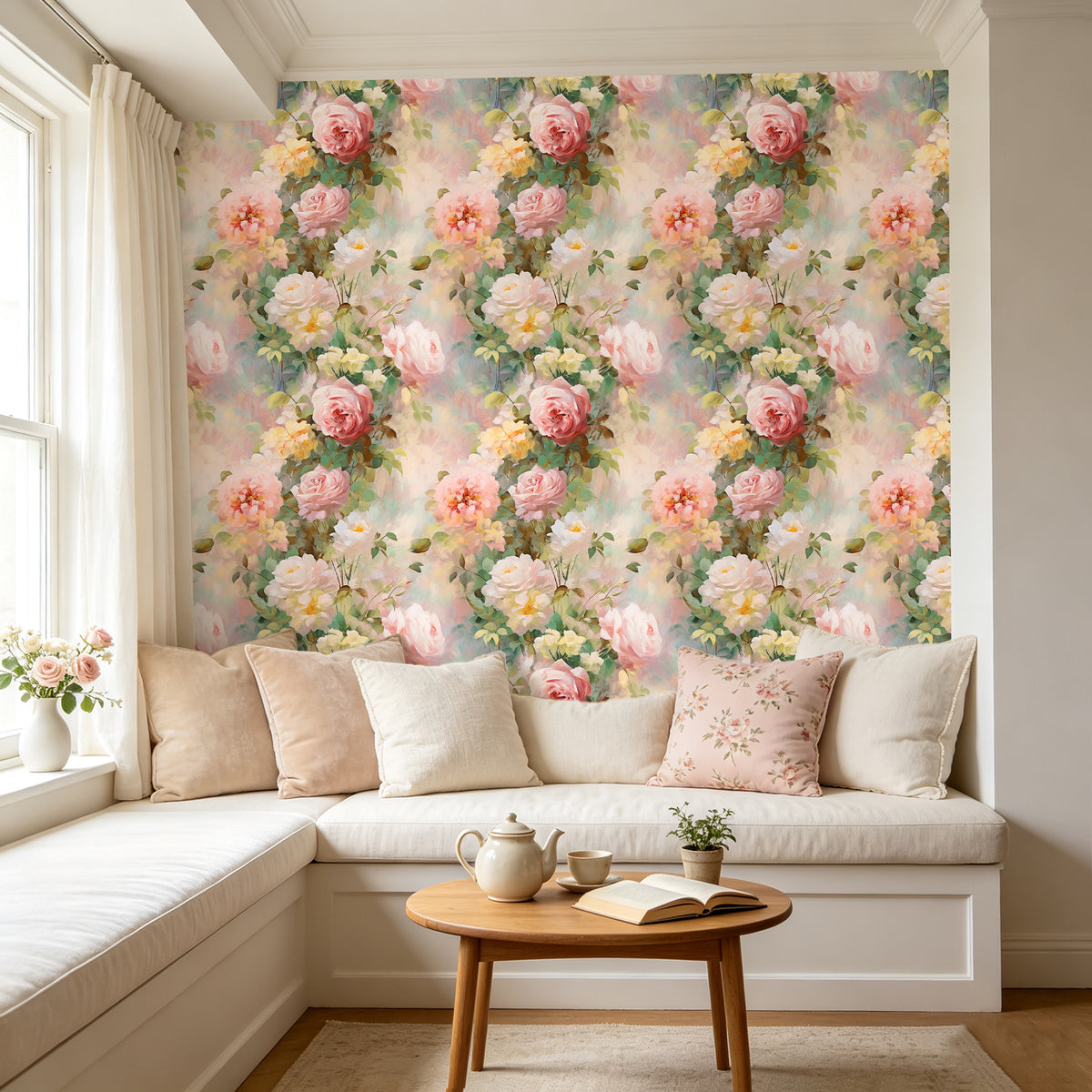 HaokHome soft pink floral self adhesive wallpaper, watercolor rose wall decor for living room window nook
