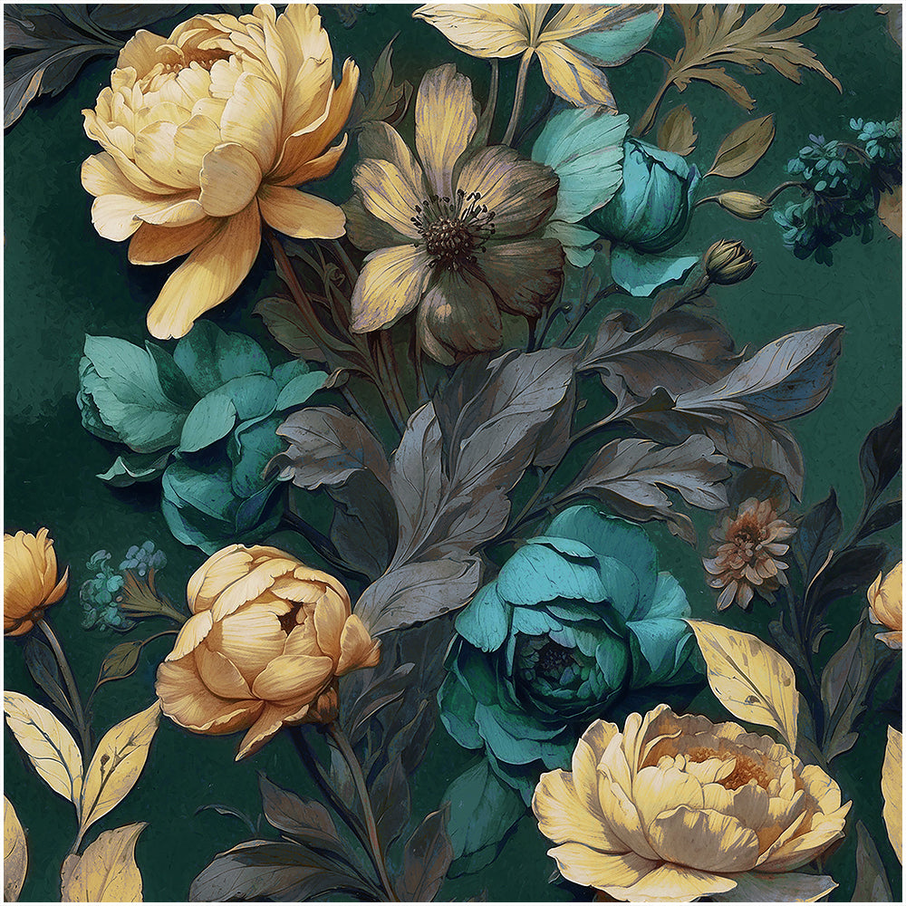 HaokHome vintage Floral Wallpaper Golden Peonies Teal Roses on Deep Green for Classic Elegant Interiors