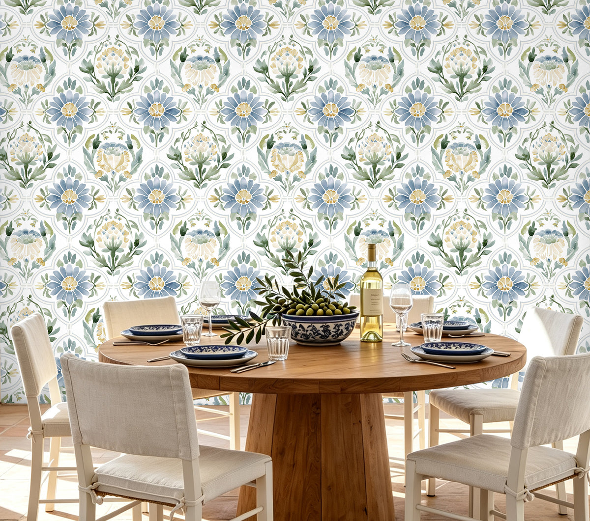 HaokHome vintage blue floral self‑adhesive wallpaper for dining room accent wall, farmhouse home decor