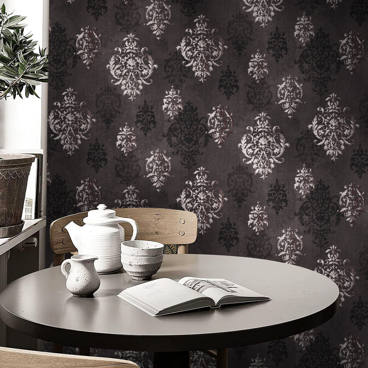 HaokHome vintage dark damask peel and stick wallpaper for dining room, moody black wall with ornate white damask pattern