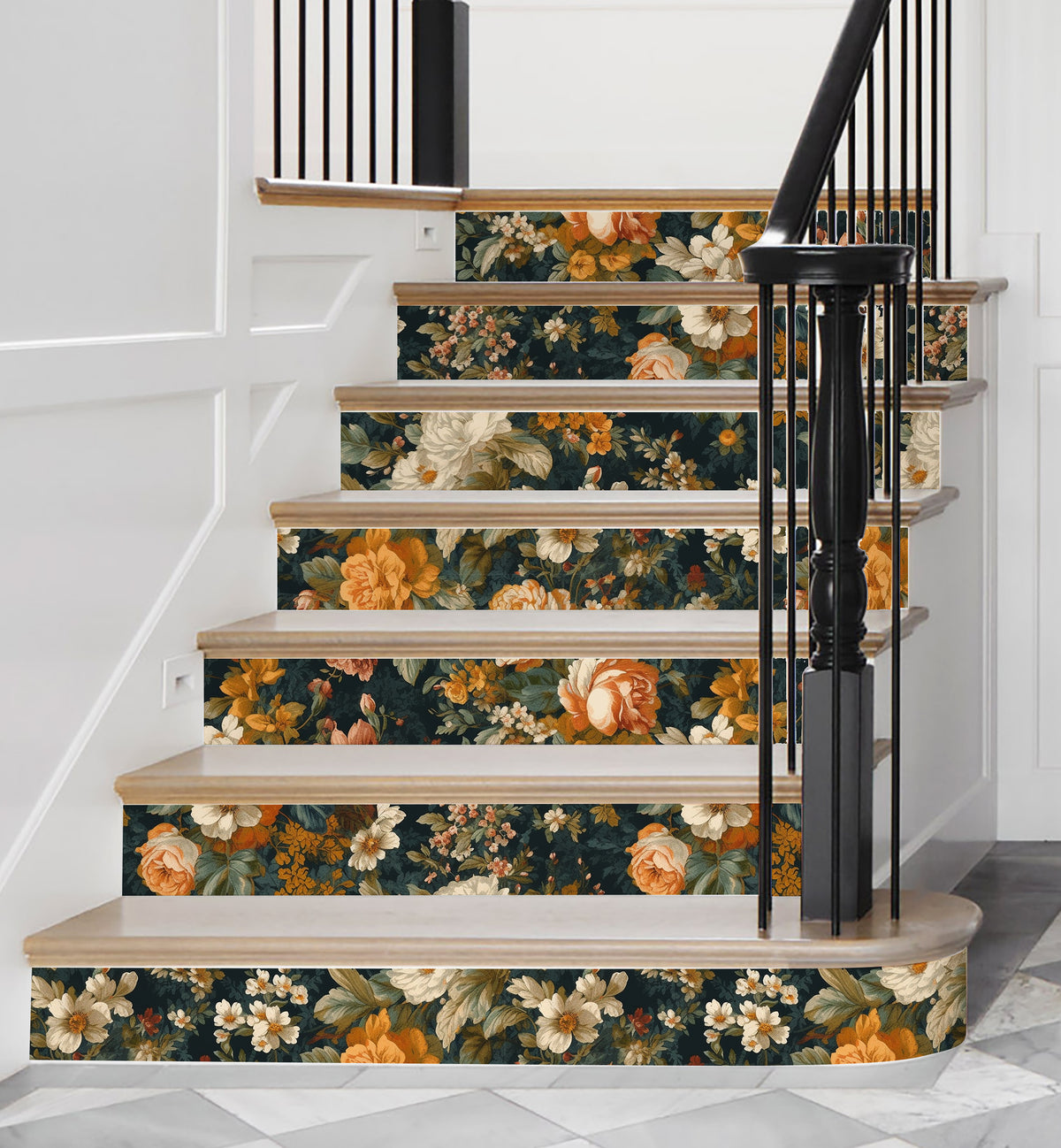 HaokHome vintage dark green floral removable wallpaper, large peony flower pattern, peel and stick wall covering for stairwell and entryway accent wall