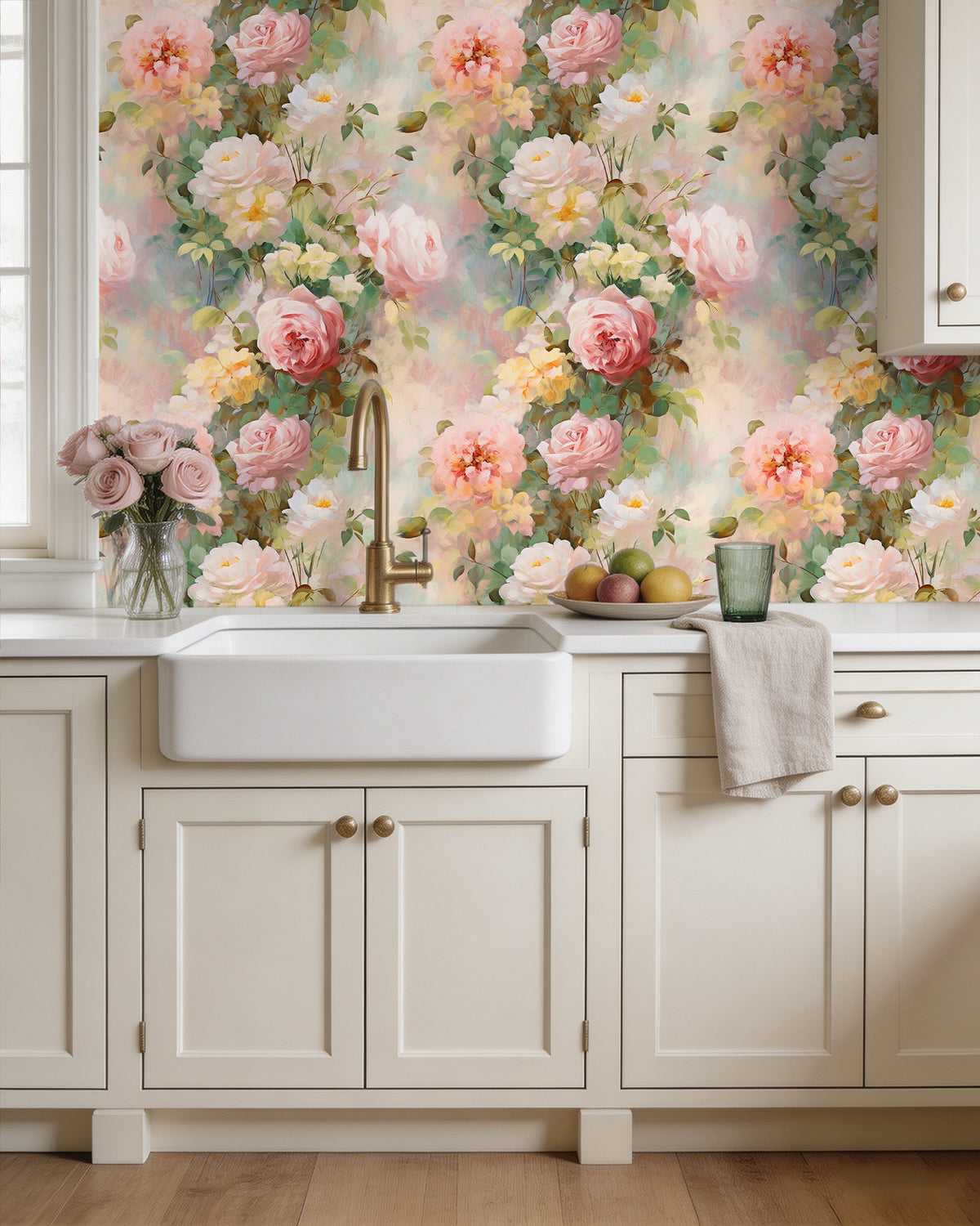 HaokHome vintage floral removable wallpaper, large pink rose wall paper for kitchen sink backdrop