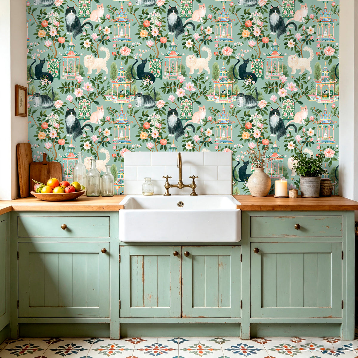 HaokHome vintage green cat flower peel and stick wallpaper for kitchen backsplash and cabinet