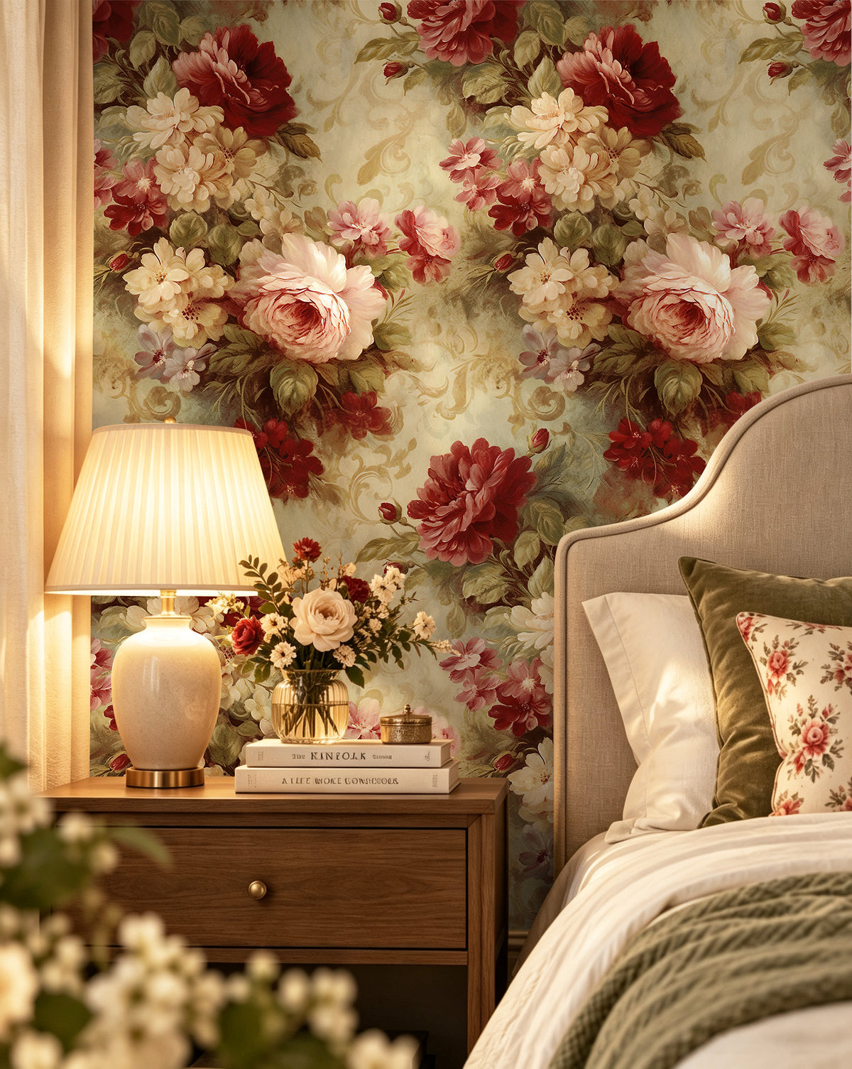 HaokHome vintage large rose floral peel and stick wallpaper for bedroom feature wall