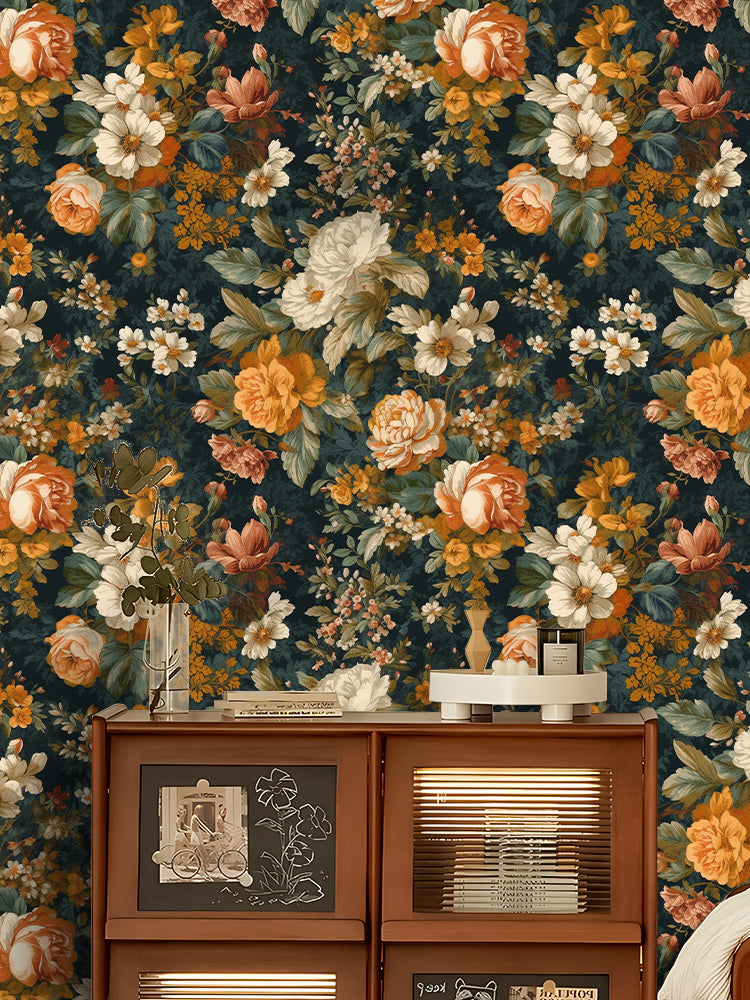 HaokHome vintage peony floral self-adhesive wallpaper, deep dark green base with warm orange flowers, peel and stick wall covering for library and cabinet backdrop
