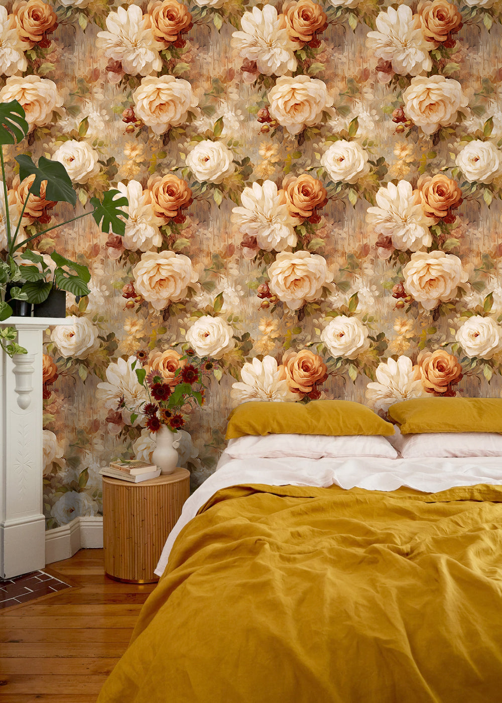 HaokHome vintage watercolor warm rose floral peel and stick wallpaper for bedroom, muted earth tone flower removable wall covering for headboard accent wall