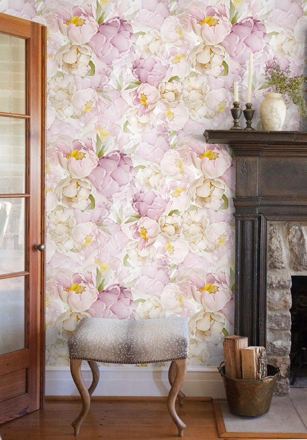 HaokHome wallpaper Peel and Stick Floral Peony Pink/White/Green Boho Wall Decor Bedroom Removable Mural
