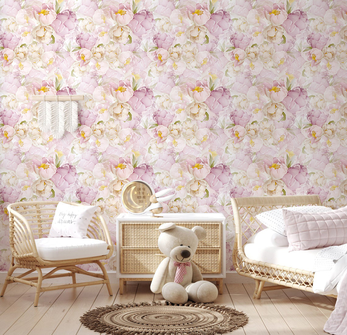 HaokHome wallpaper Peel and Stick Floral Peony Pink/White/Green Boho Wall Decor Bedroom Removable Mural