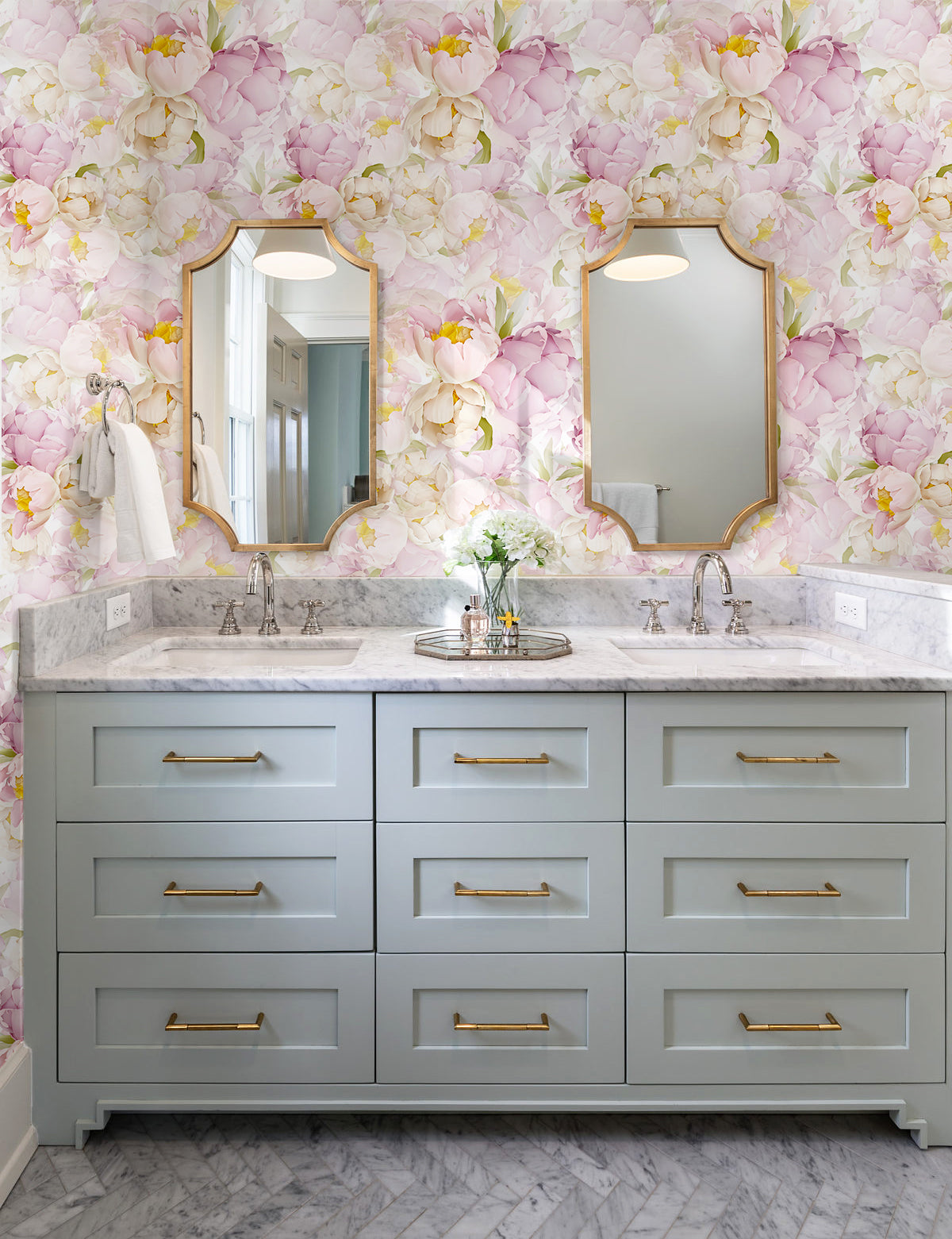 HaokHome wallpaper Peel and Stick Floral Peony Pink/White/Green Boho Wall Decor Bedroom Removable Mural