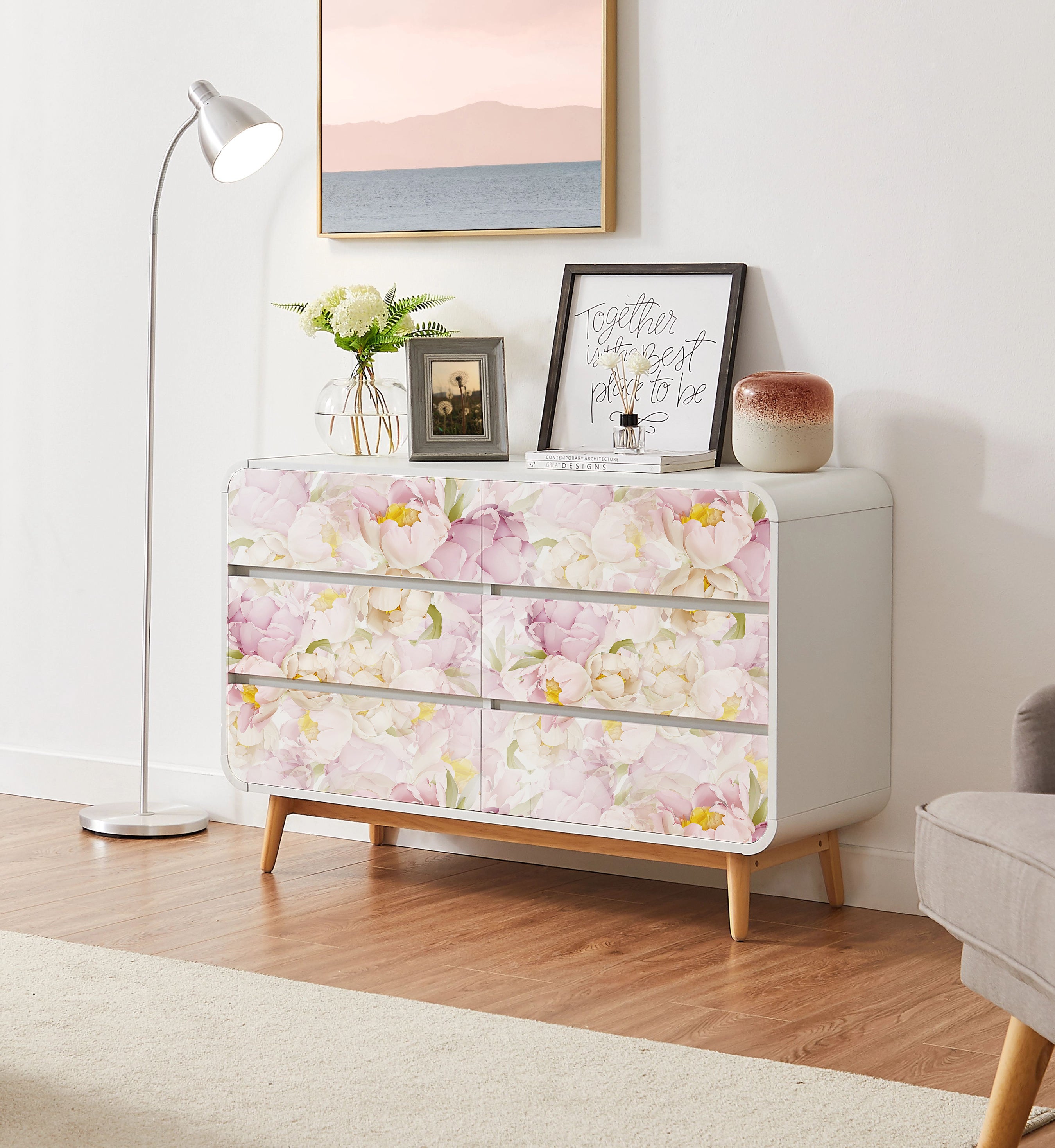 HaokHome wallpaper Peel and Stick Floral Peony Pink/White/Green Boho Wall Decor Bedroom Removable Mural