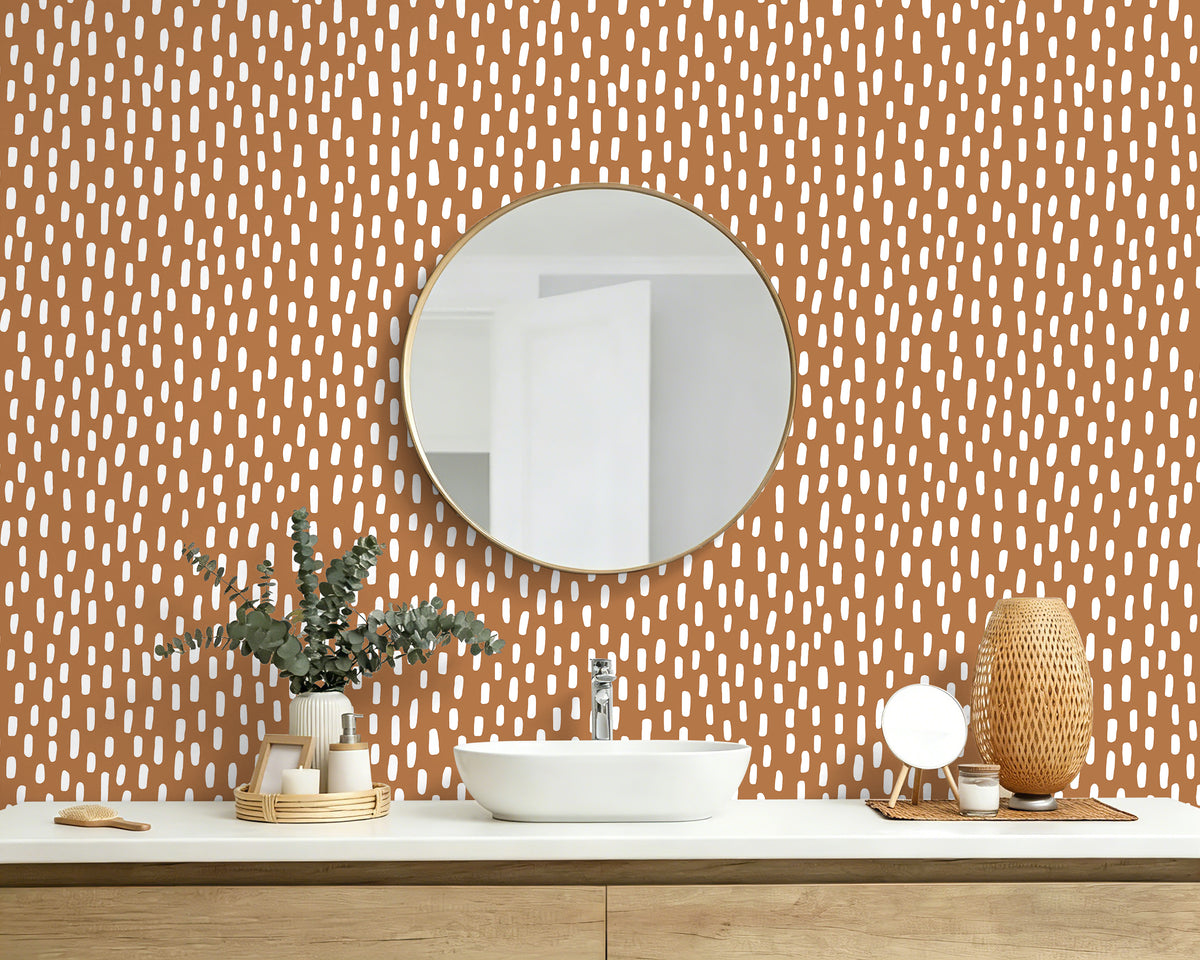 HaokHome warm terracotta removable wallpaper, soft irregular white speck pattern, bright powder room vanity wall decor, water-resistant