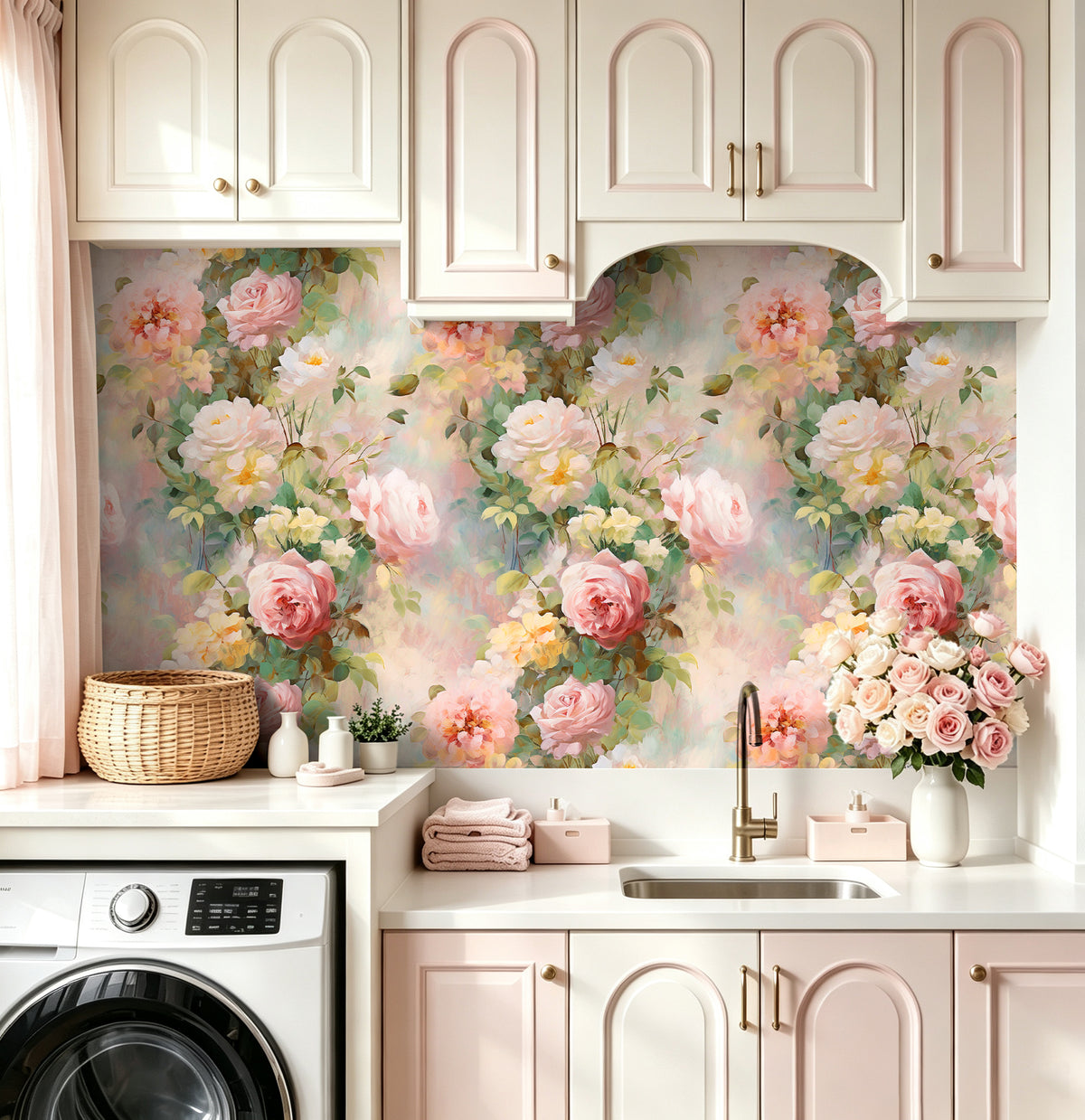 HaokHome watercolor pink rose wallpaper, self stick floral wall covering for laundry room cabinet decor