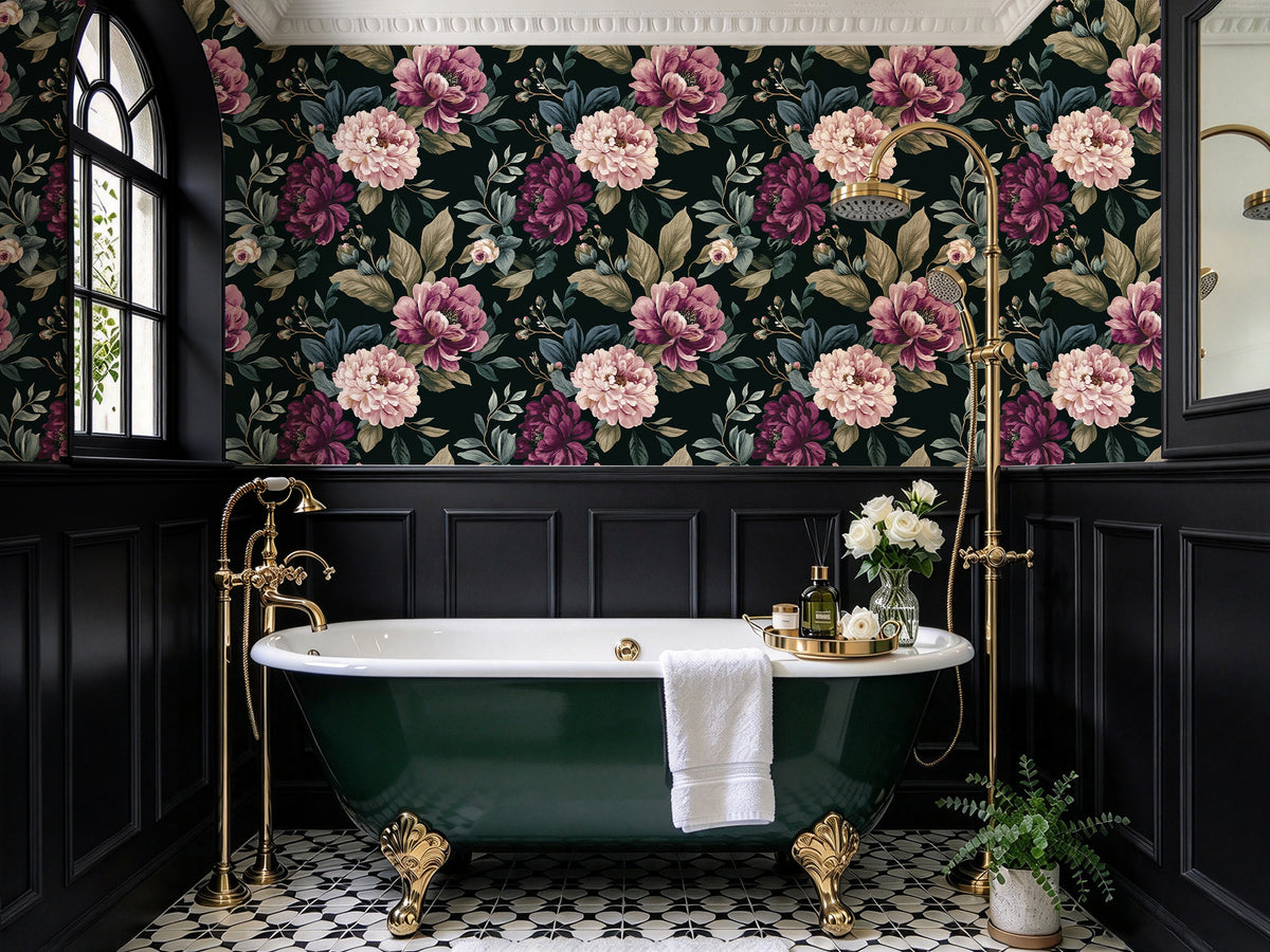 HaokHome waterproof dark peony peel and stick wallpaper for bathroom tub accent wall
