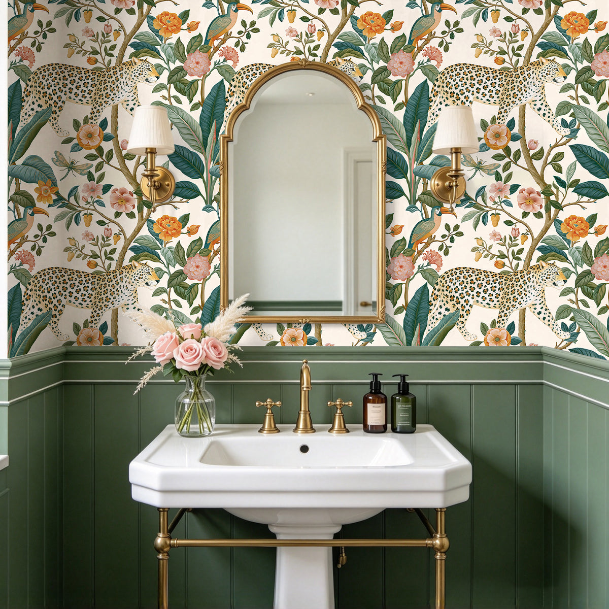 HaokHome waterproof jungle leopard floral peel stick wallpaper for bathroom vanity wall