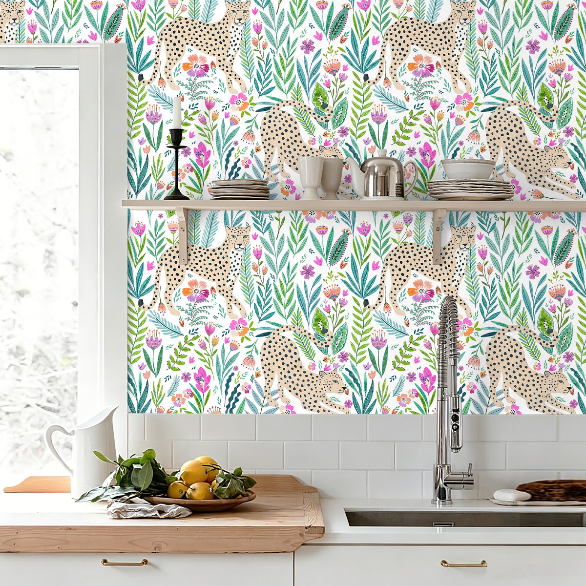 HaokHome waterproof pastel leopard floral peel stick wallpaper for kitchen backsplash