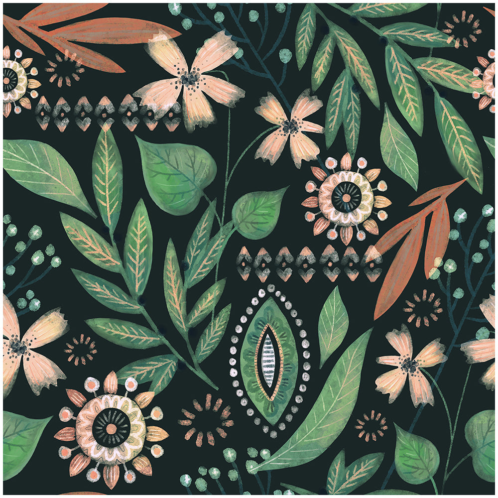 Haokhome Dark Green Boho Floral Peel and Stick Wallpaper, Moody Bohemian Wildflower Wall Covering