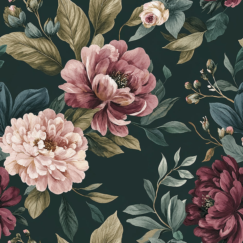 Haokhome Emerald Green Moody Floral Peel and Stick Wallpaper, Dusty Peony Wall Mural