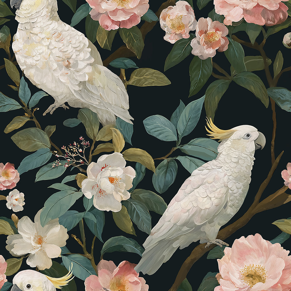 Haokhome Grandmillennial Peel and Stick Wallpaper, White Cockatoo & Camellia Dark Floral Mural