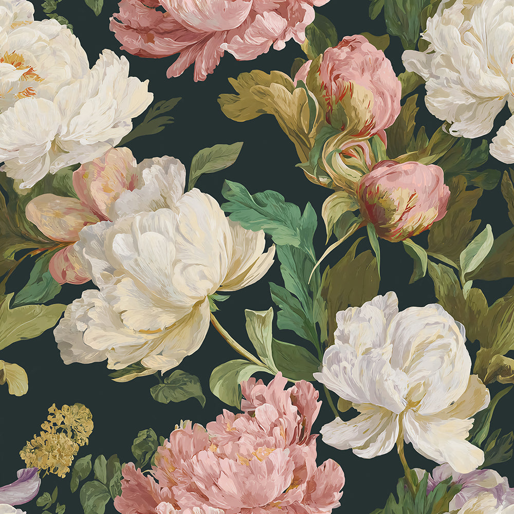Haokhome Maximalist Oil Painting Peel and Stick Wallpaper, Blush White Peony Dark Floral Mural