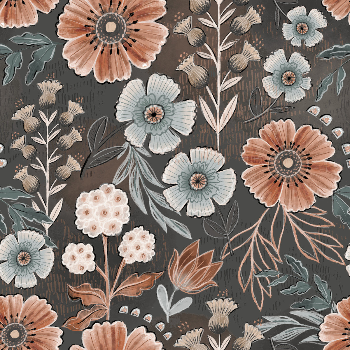 Haokhome Moody Dark Vintage Floral Peel and Stick Wallpaper, Watercolor Rust Flower Wall Covering