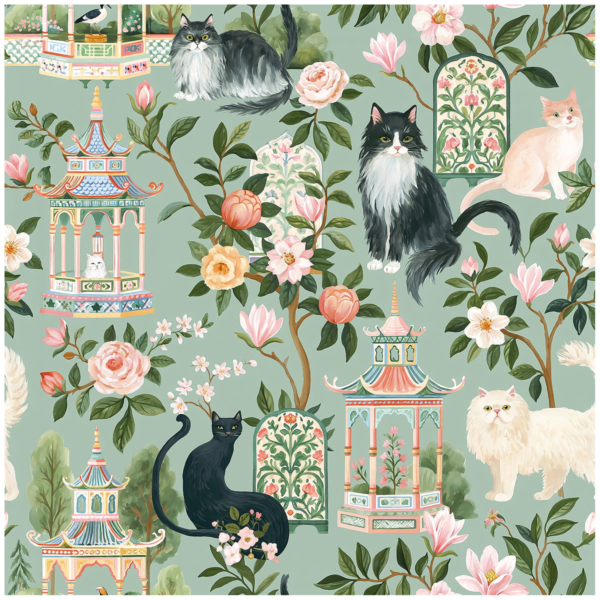 Haokhome Sage Green Chinoiserie Cat Pagoda Floral Removable Self-Adhesive Wallpaper