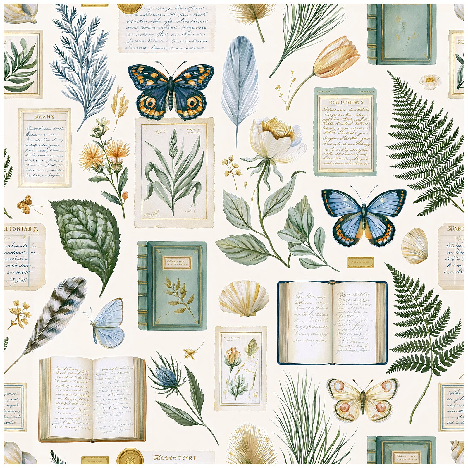 Haokhome Vintage Botanical Ephemera Peel and Stick Wallpaper, Butterfly Old Book Manuscript Wall Mural