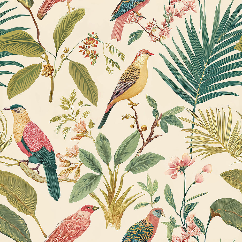 Haokhome Vintage Tropical Bird Botanical Peel and Stick Wallpaper, Cream Jungle Leaf Mural for Accent Wall