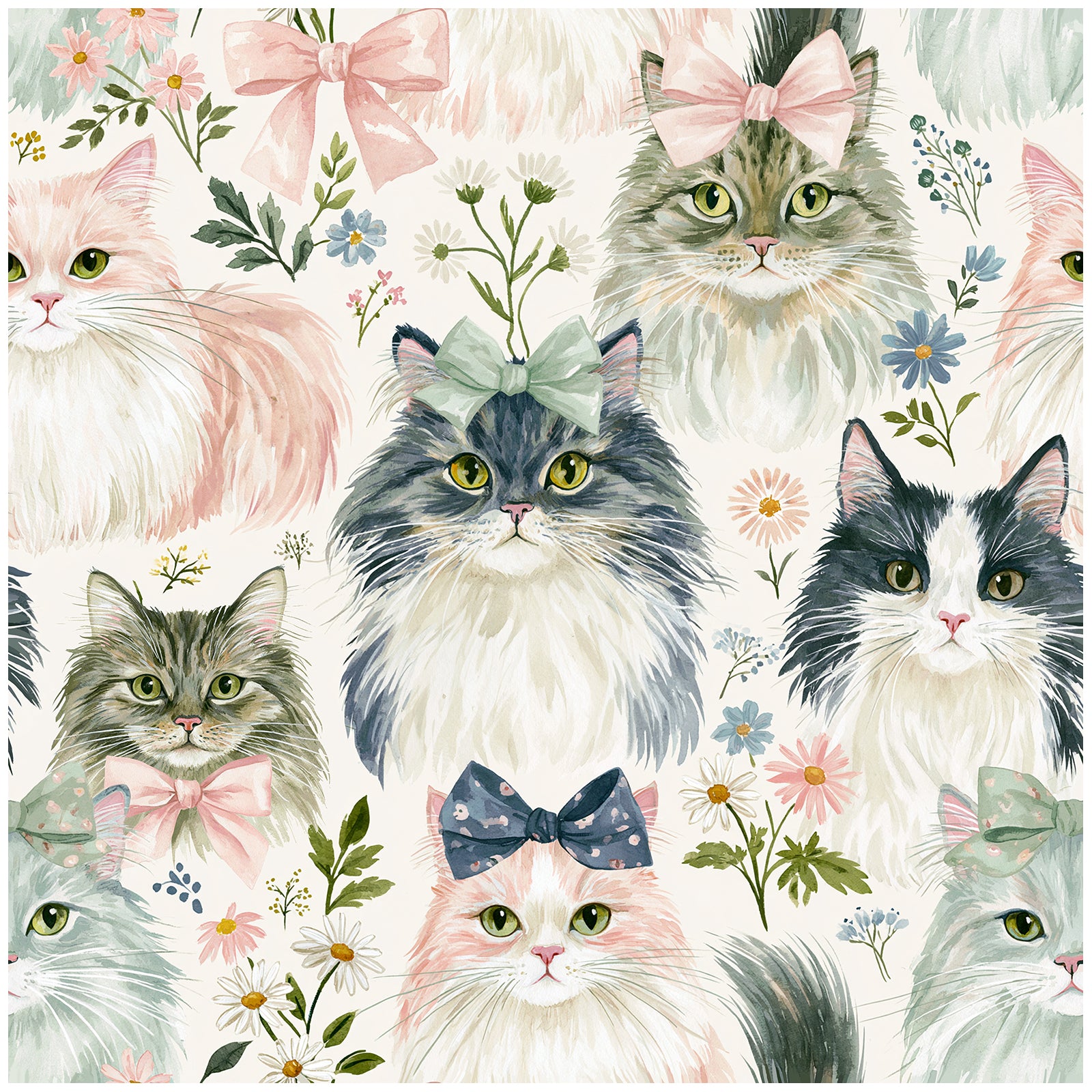 Haokhome Watercolor Fluffy Cat Bow Removable Self‑Adhesive Wall Covering, Whimsical Kitten Kids Wallpaper