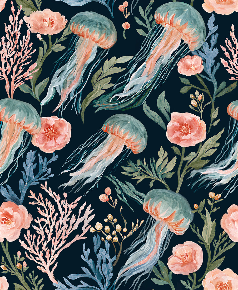 Haokhome Watercolor Jellyfish Peony Wallpaper, Dark Ocean Removable Self-Adhesive Wall Covering