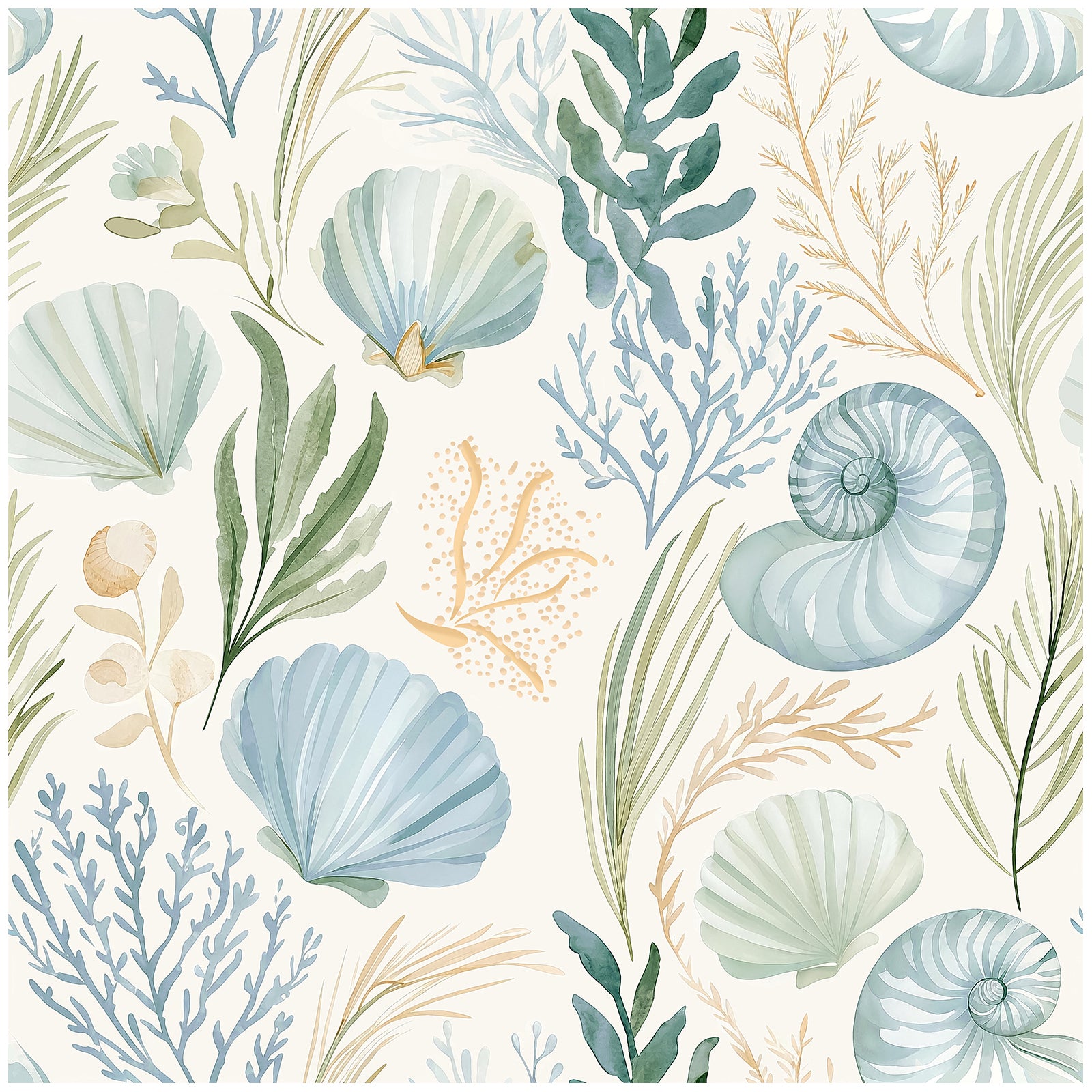 Haokhome Watercolor Seashell Coral Removable Self‑Adhesive Wall Covering, Coastal Beach Nautical Wallpaper